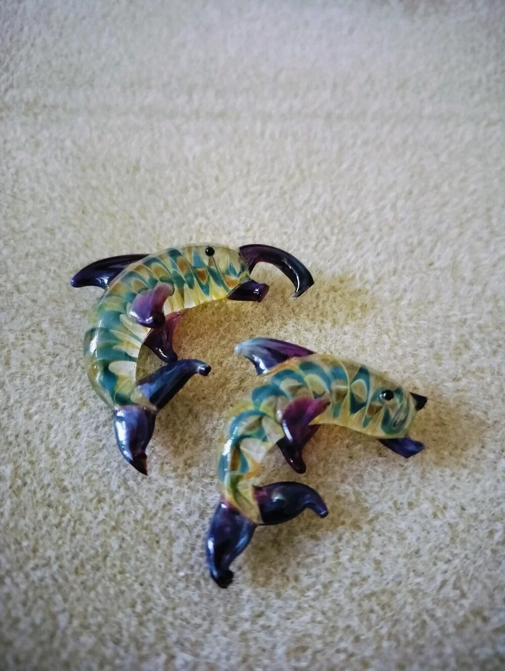 Vintage Hand Blown Mini Glass Dolphin Figurines Pair Purple Teal Swirl Set Of 2
